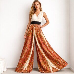 Vintage 70s Paisley Print Super Wide Palazzo Leg Jumpsuit M/L